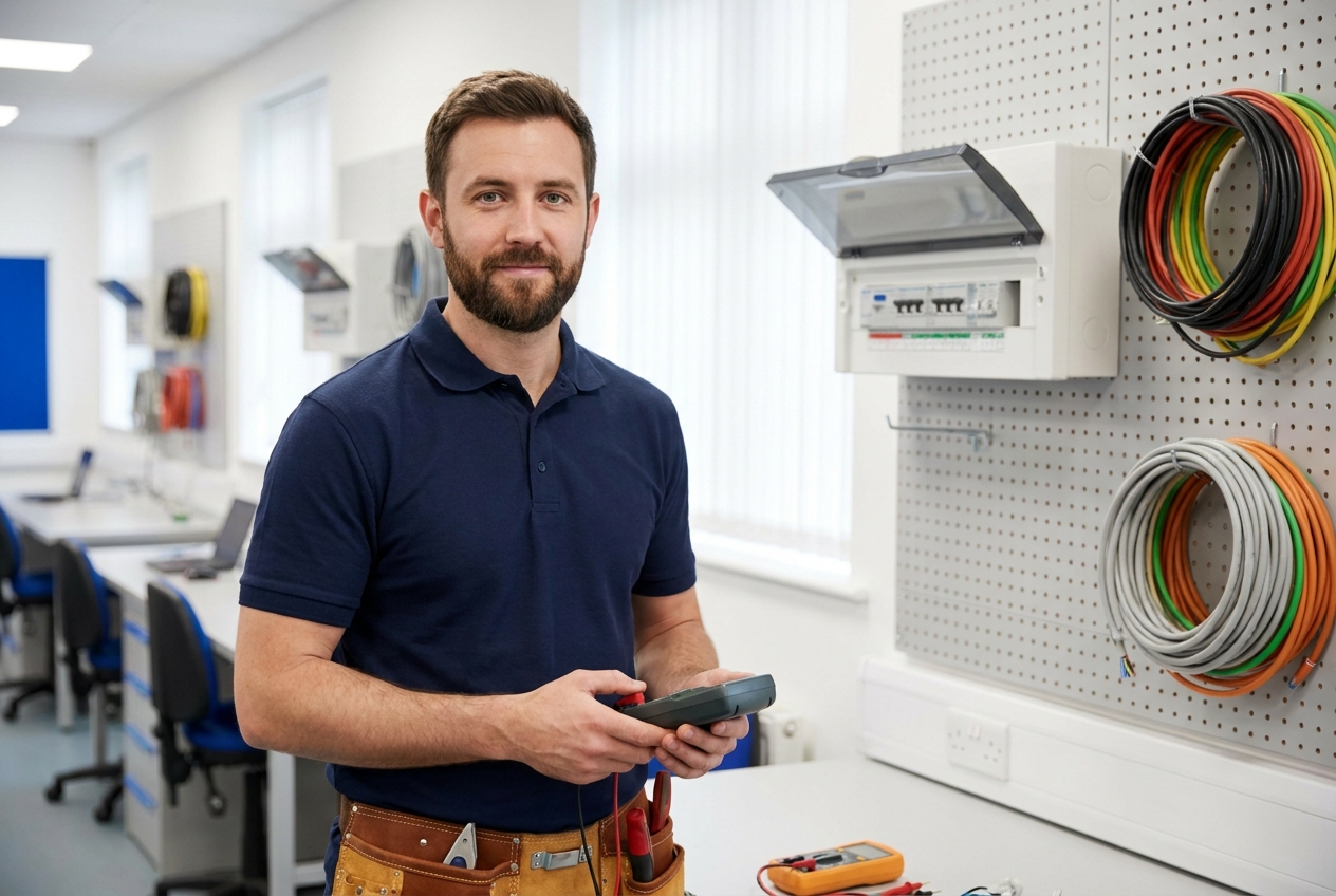 Adult electrician trainee with a multimeter at a consumer-unit training wall at Nexis CPD