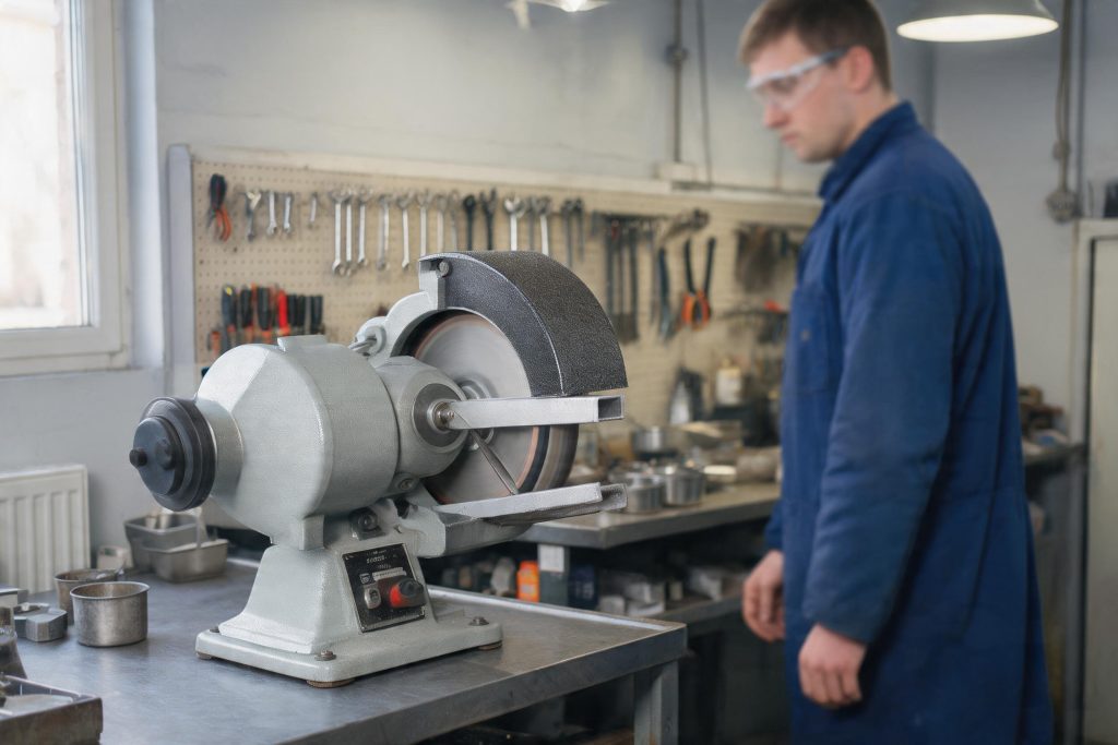 Pedestal grinder in a UK engineering workshop with the wheel guard fitted and work rest correctly adjusted