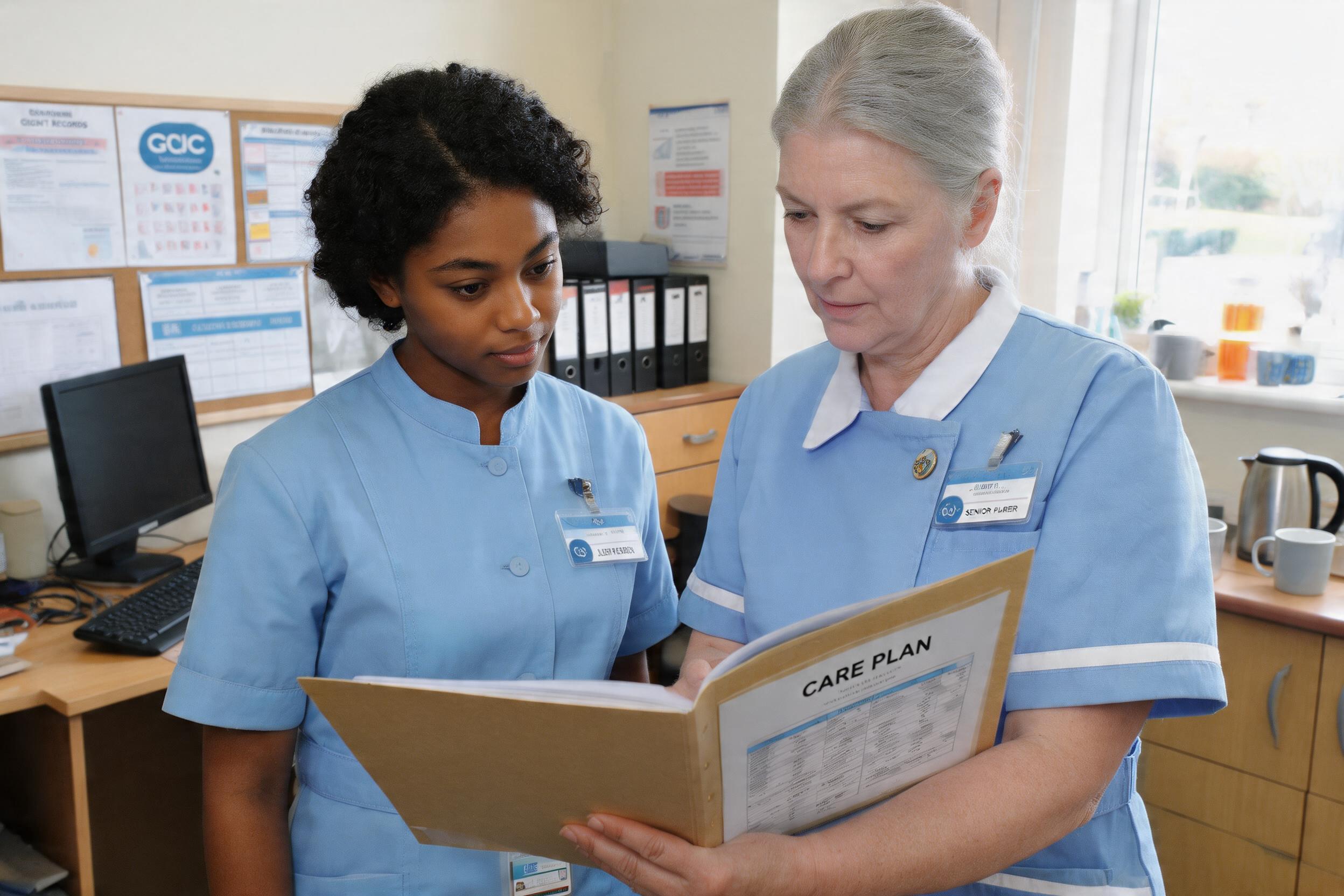 New care worker being shown a resident's care plan by a senior carer during induction