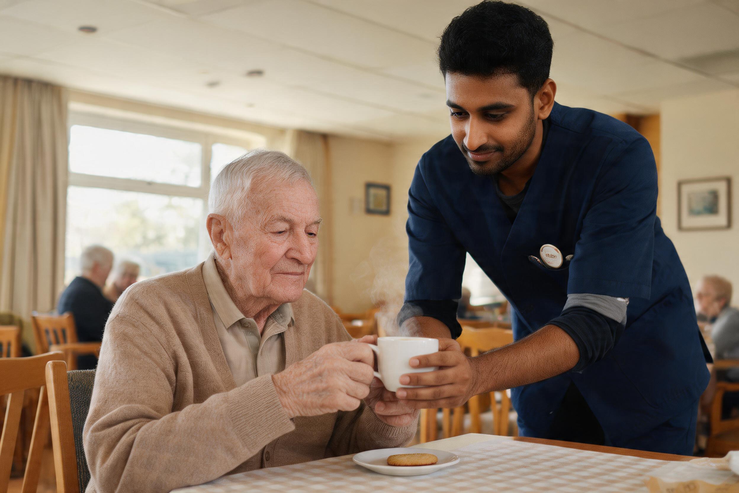 Care worker helping an elderly man with a cup of tea in a care home dining room