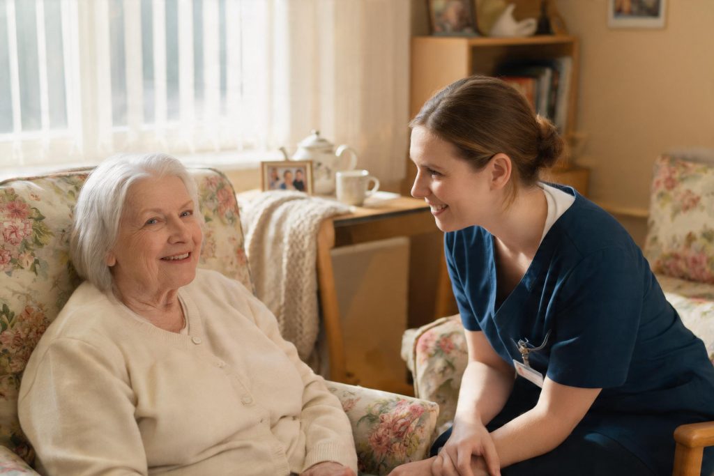 Care worker in a navy tunic talking warmly with an elderly woman in a care home lounge