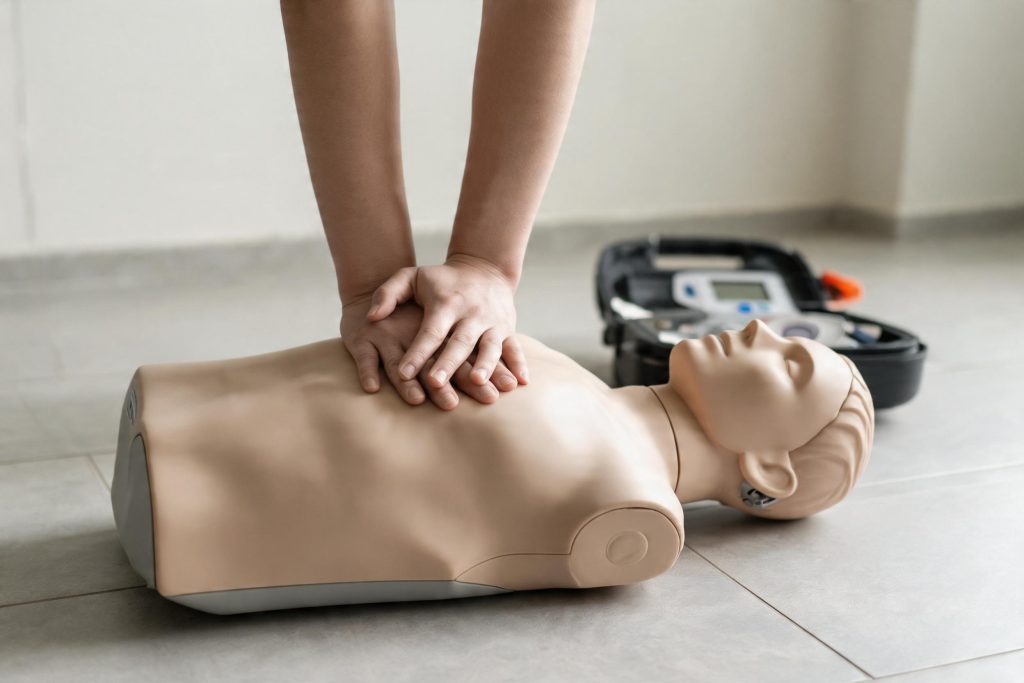 Hands performing chest compressions on a CPR training manikin with an automated external defibrillator open nearby