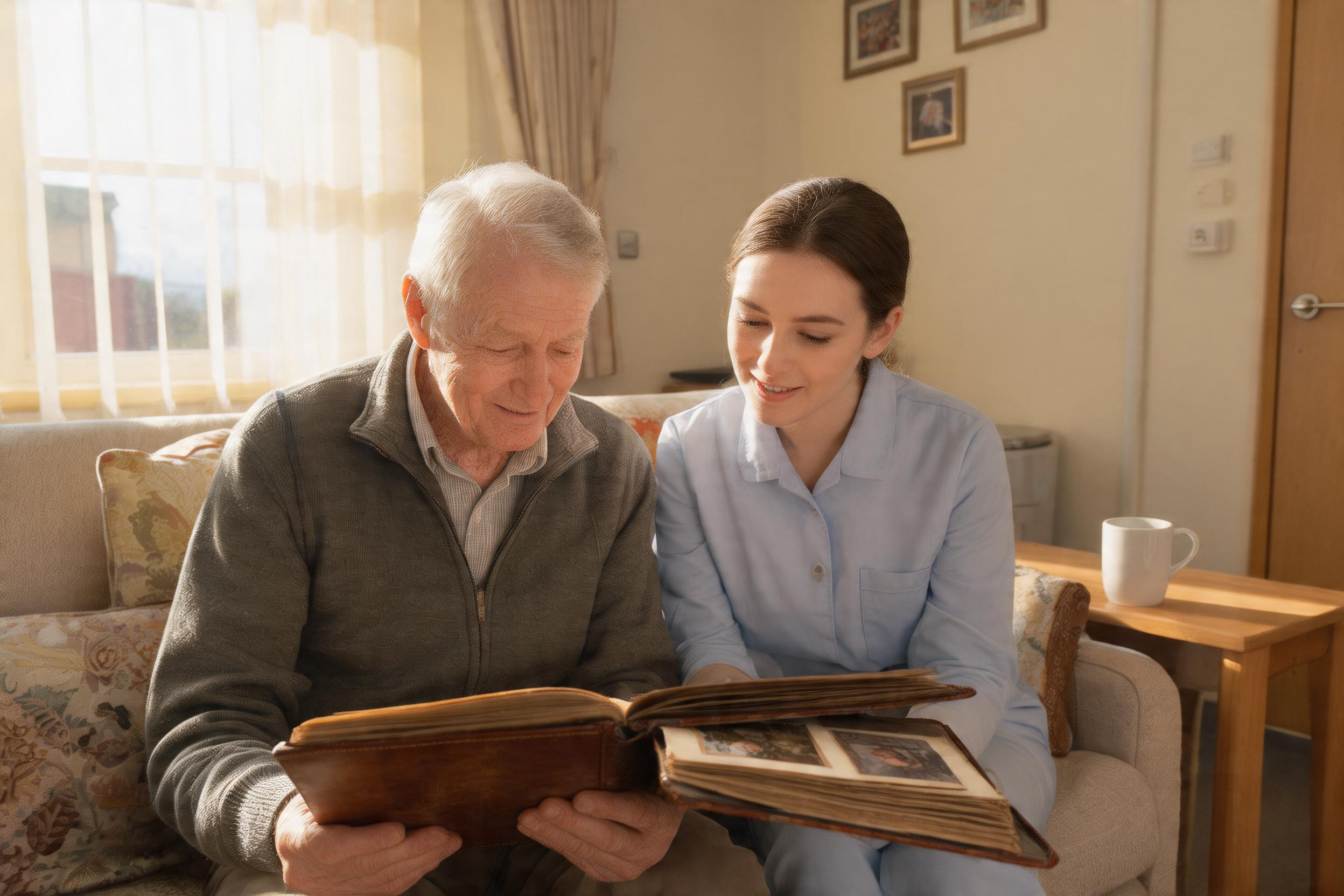 Care worker looking through a photo album with an elderly man in a care home