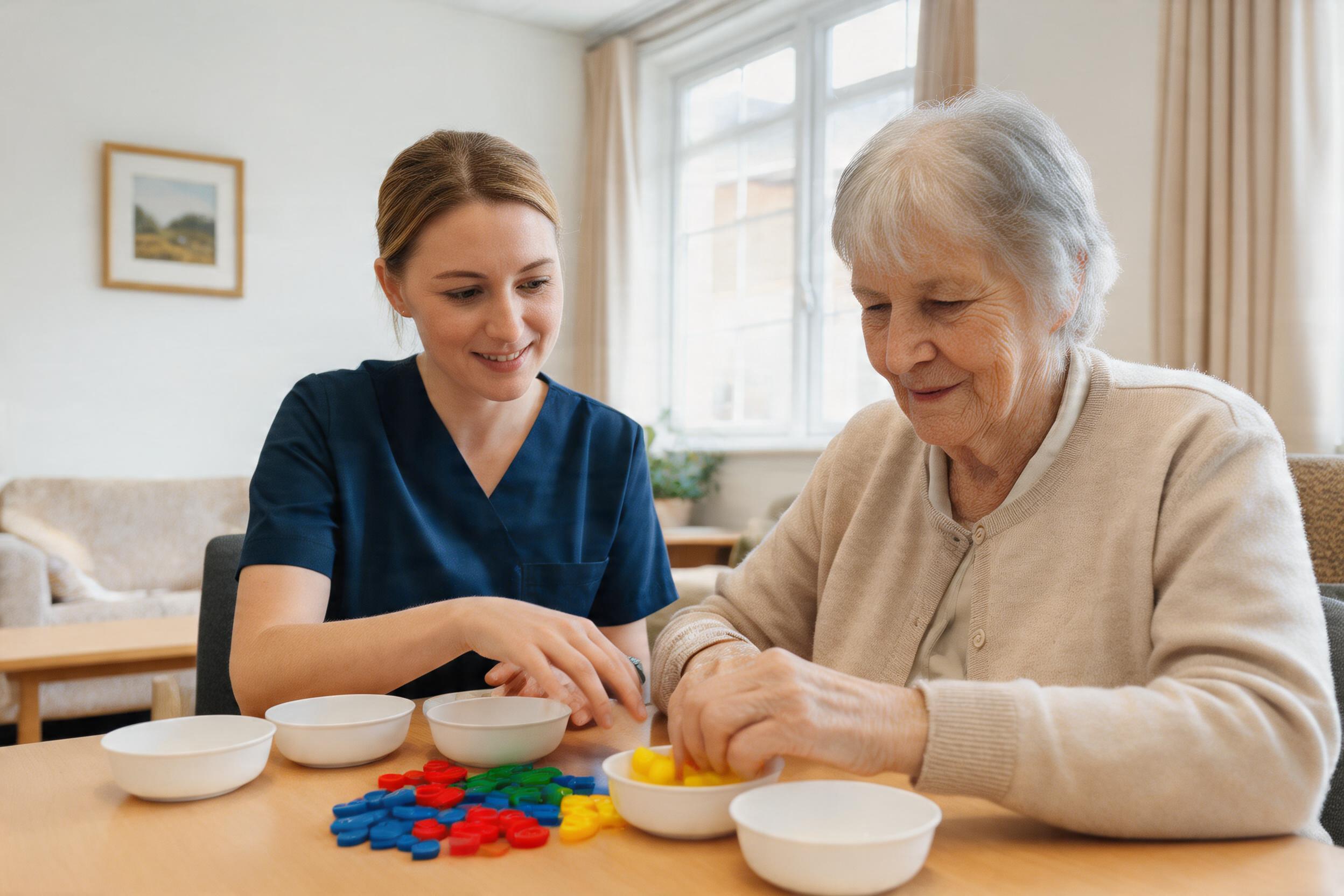 Care worker and an elderly person doing a calm activity together at a table