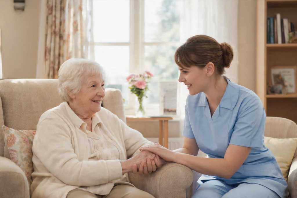 Care worker holding the hand of an elderly resident in a UK care home