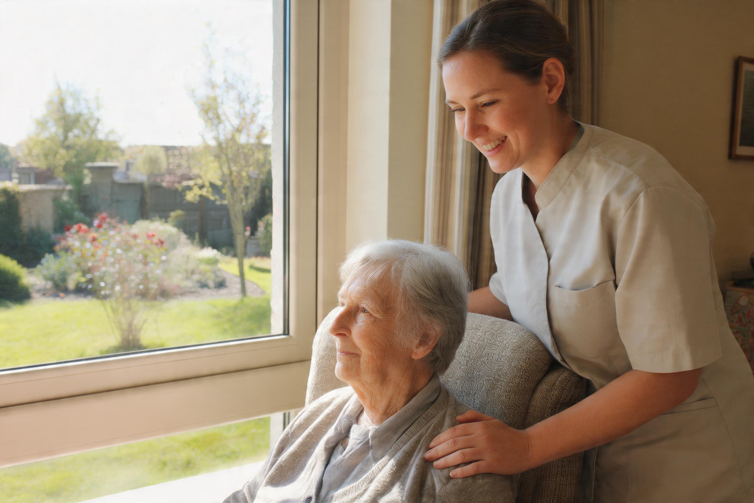 Care worker supporting an elderly resident by a care-home window