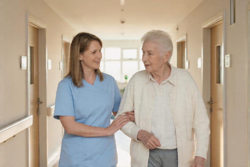 Care worker walking beside an elderly resident along a care-home corridor