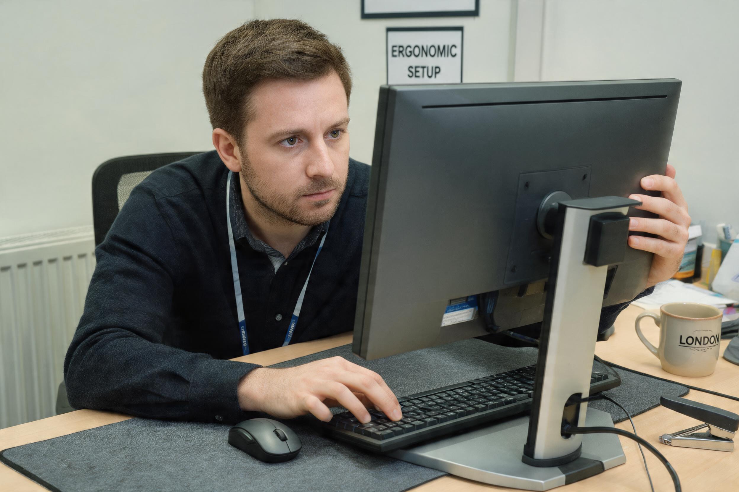 Worker adjusting monitor height and keyboard position for a correct ergonomic setup