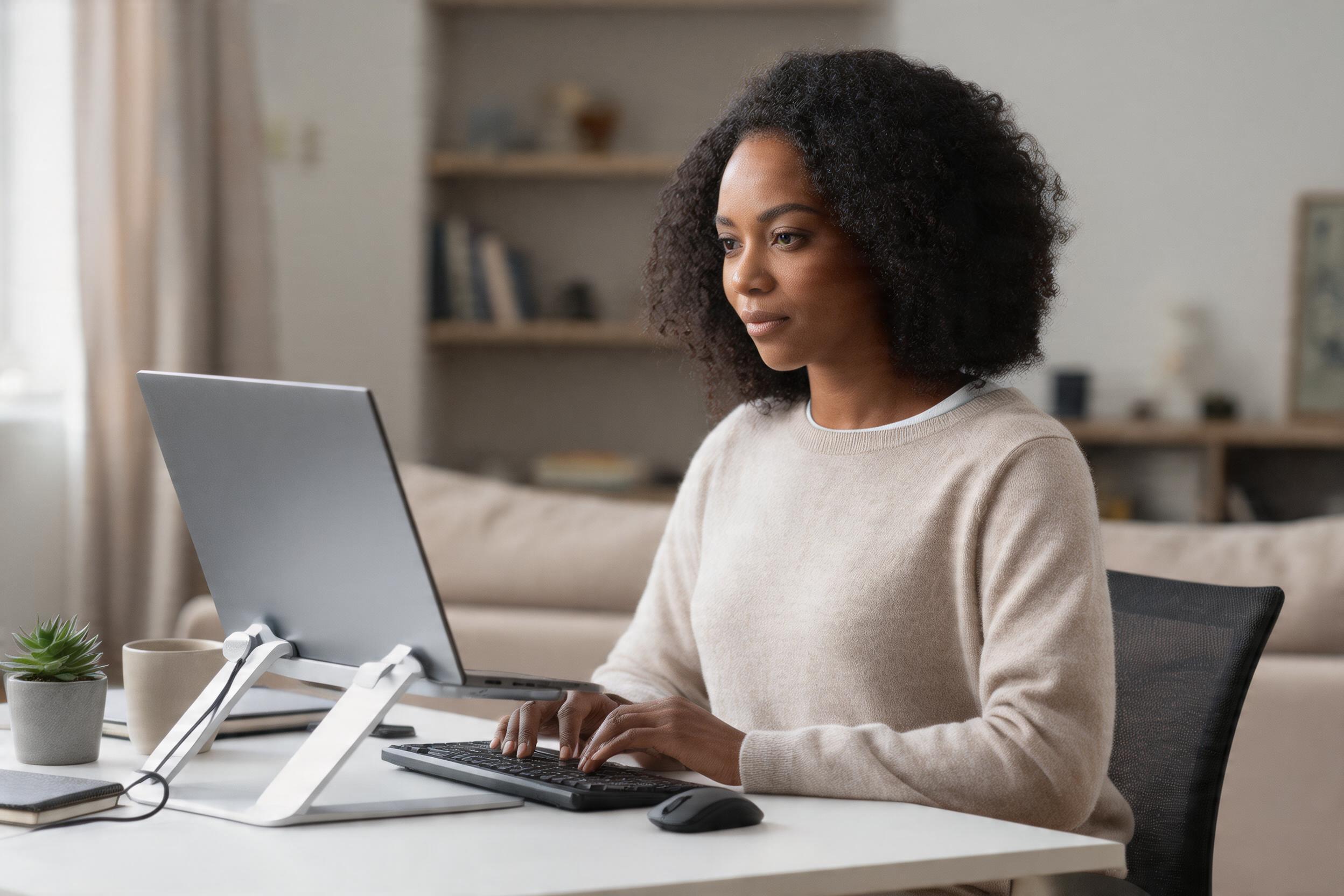 Home worker using a laptop on a riser with a separate keyboard and mouse