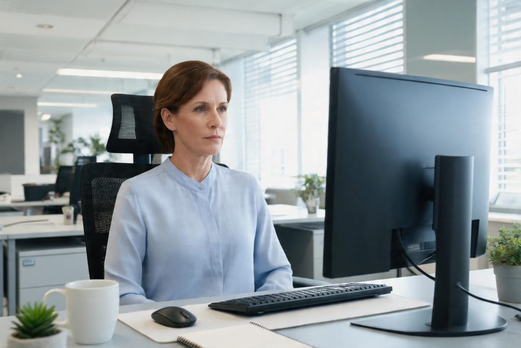 Office worker sitting with good posture at a correctly set up display screen workstation
