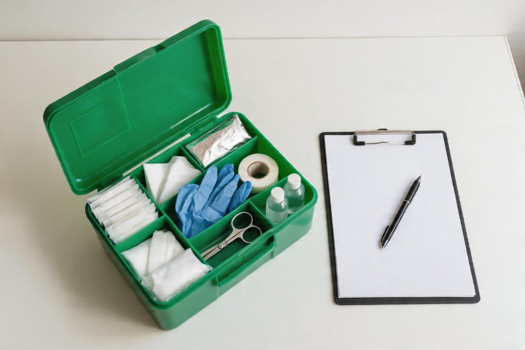 Open green workplace first aid kit on a table with dressings, bandages, gloves and eye wash neatly arranged beside a checklist