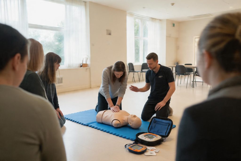 First aid trainer guiding a trainee performing chest compressions on a CPR manikin during a practical course
