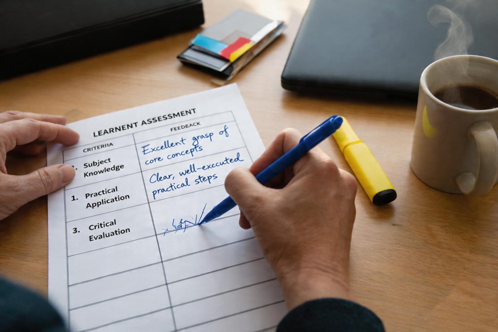 Close-up of an assessor's hand writing feedback comments on a printed assessment sheet