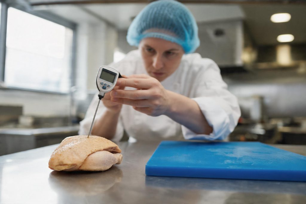 Chef in whites using a digital probe thermometer to check the core temperature of cooked chicken in a UK commercial kitchen