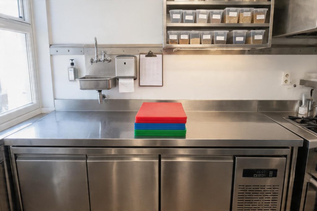 Clean UK cafe kitchen prep area with colour-coded chopping boards, hand wash basin and a temperature record sheet on the wall