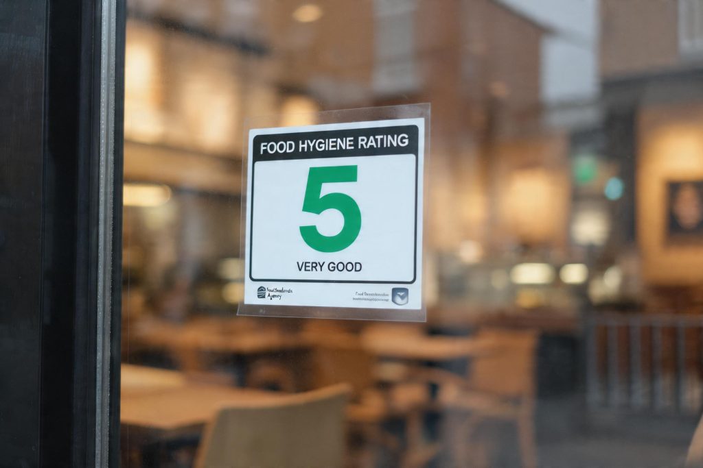 Food Hygiene Rating sticker displayed in the window of a UK cafe