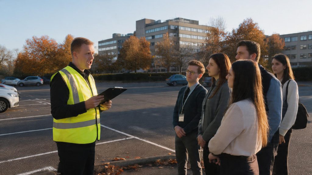 Fire warden in a high-visibility vest briefing office workers at an assembly point