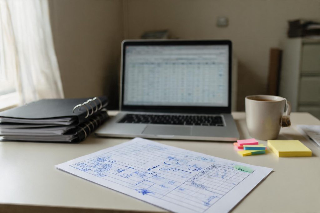 A UK vocational assessor's desk showing learner portfolios, a laptop with a sampling matrix, and an annotated sampling plan