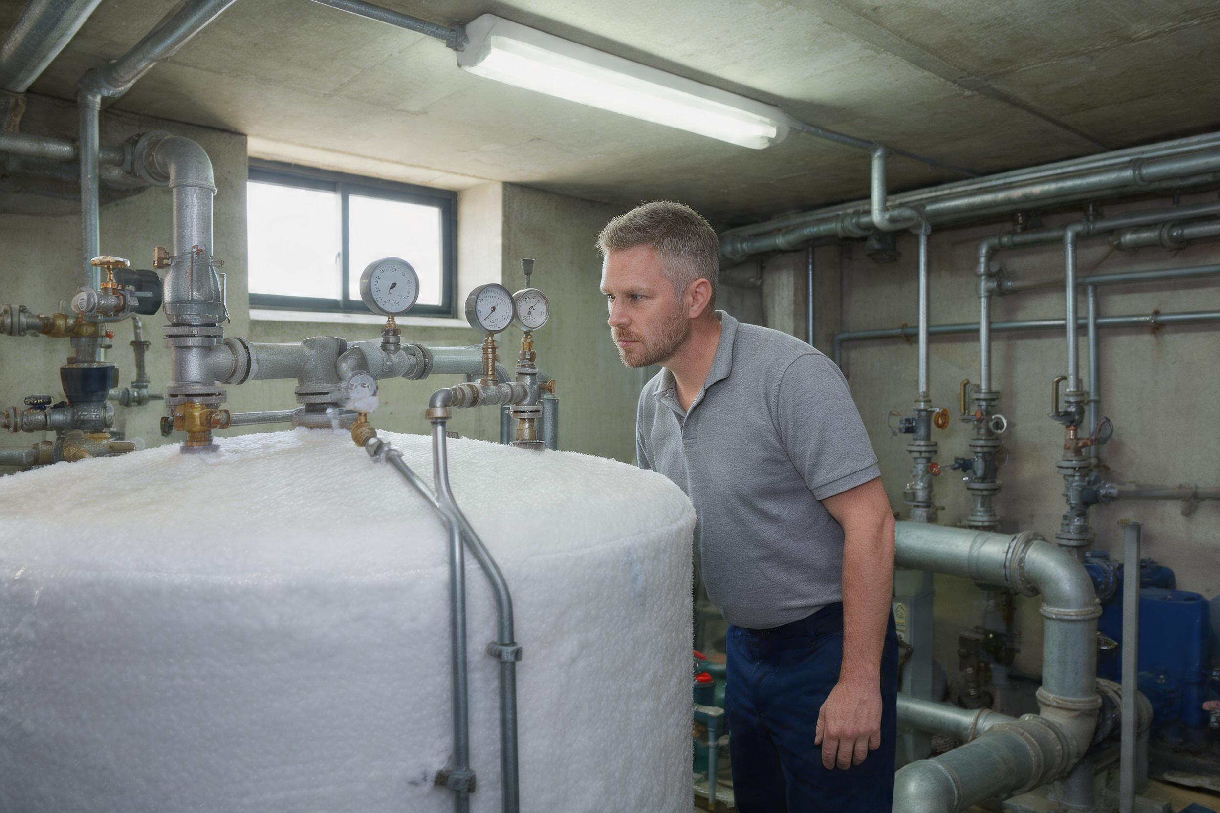 Maintenance engineer checking an insulated hot water cylinder in a UK plant room