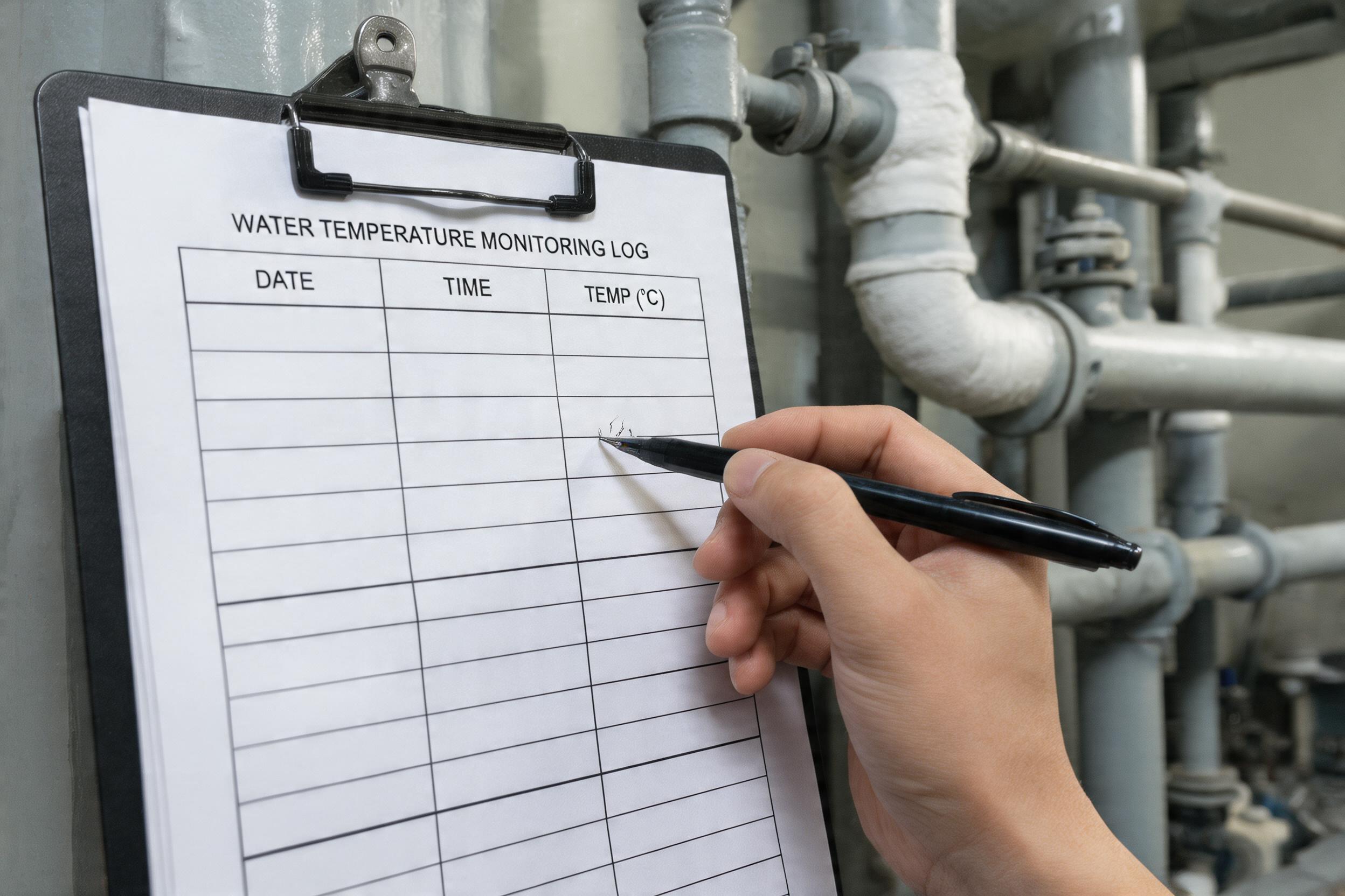 Filling in a water temperature monitoring logbook in a plant room