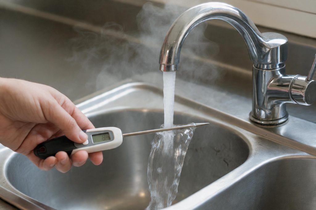 Digital probe thermometer checking hot water temperature at a tap