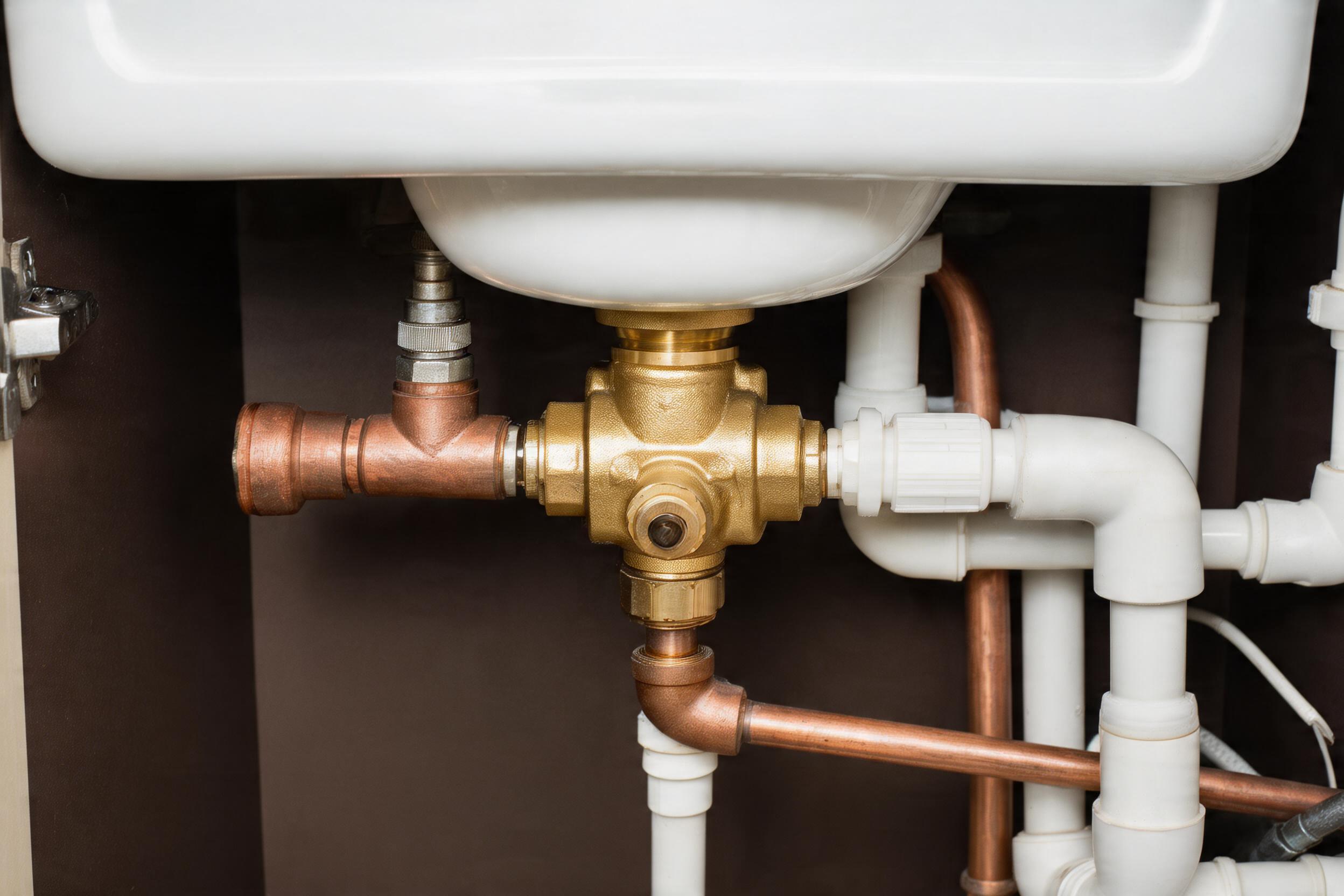 Thermostatic mixing valve on pipework under a UK sink