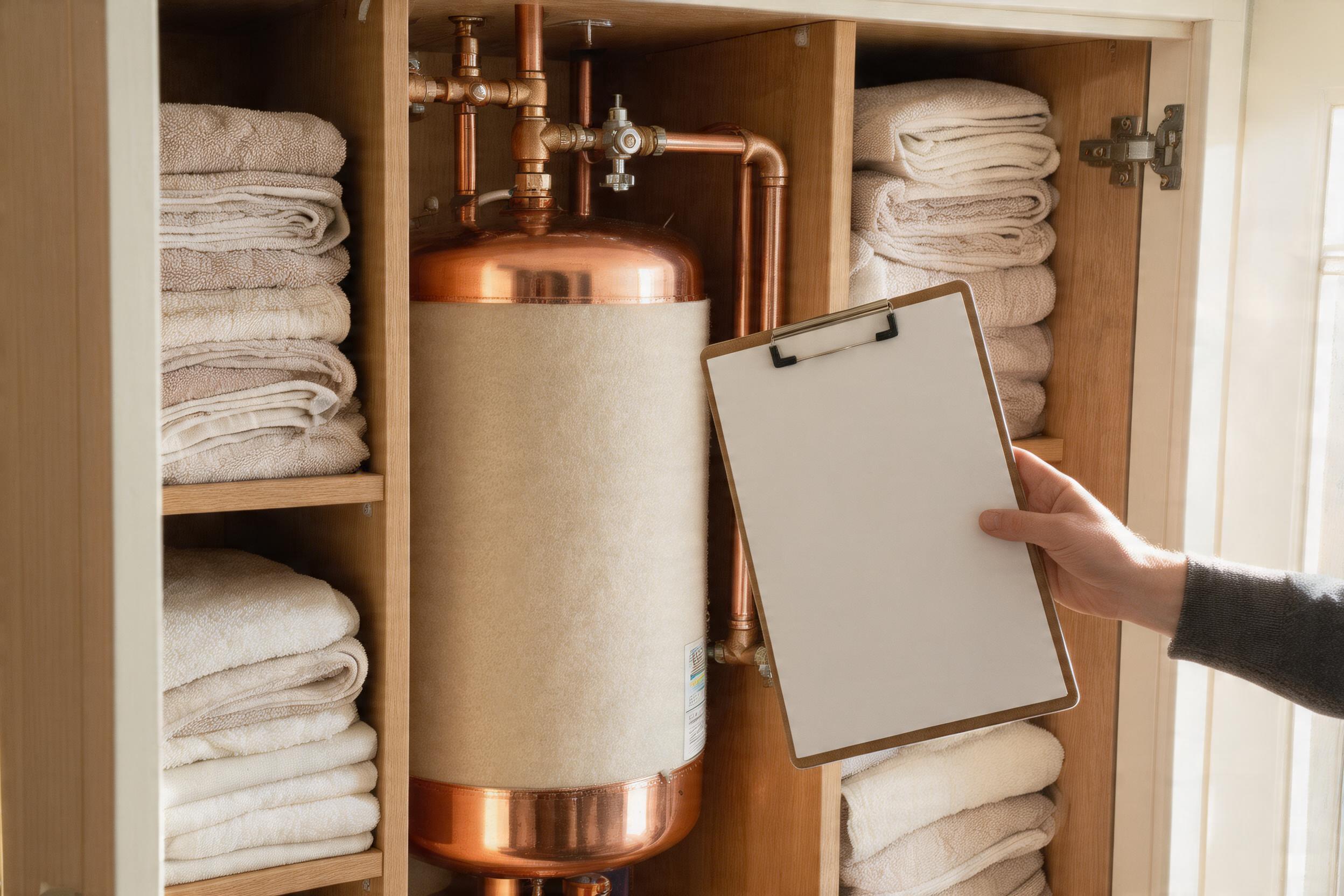 Domestic hot water cylinder in an airing cupboard being checked by a landlord