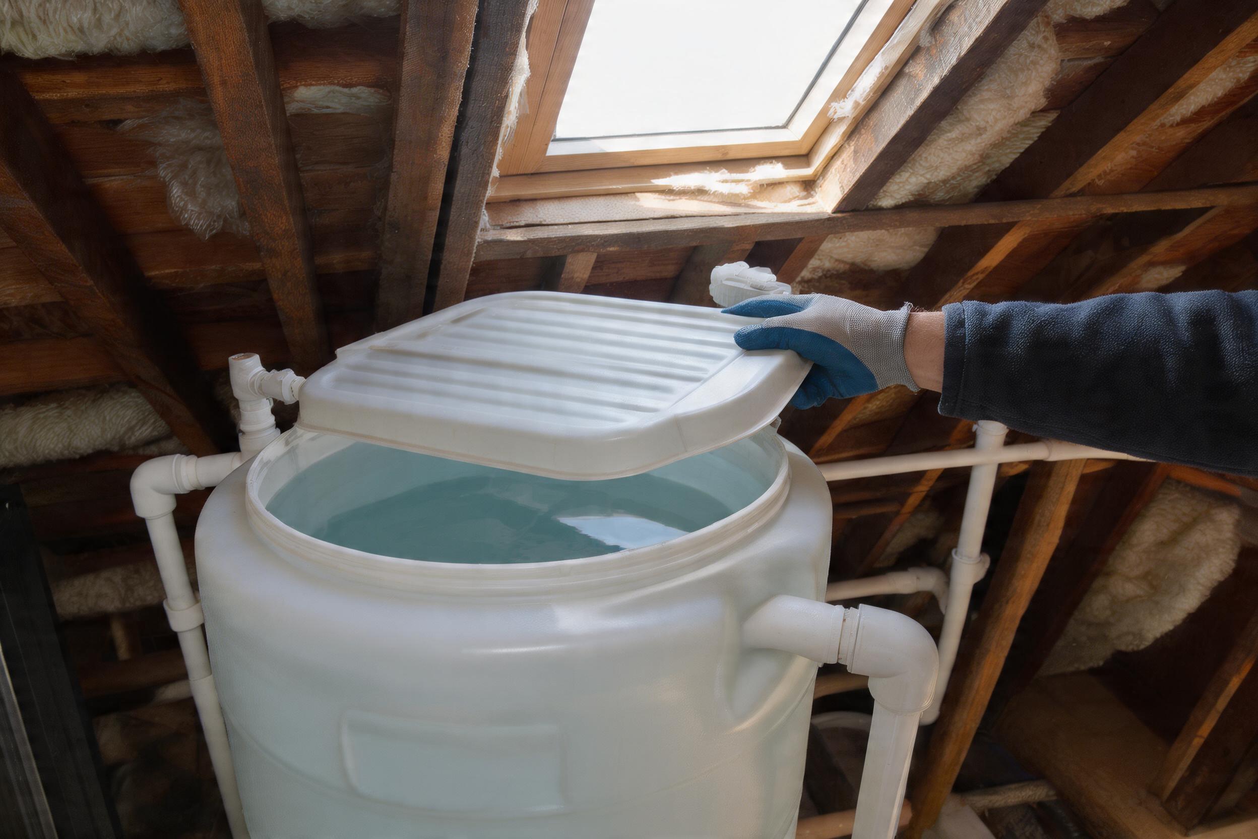 Cold water storage tank being inspected in a UK loft