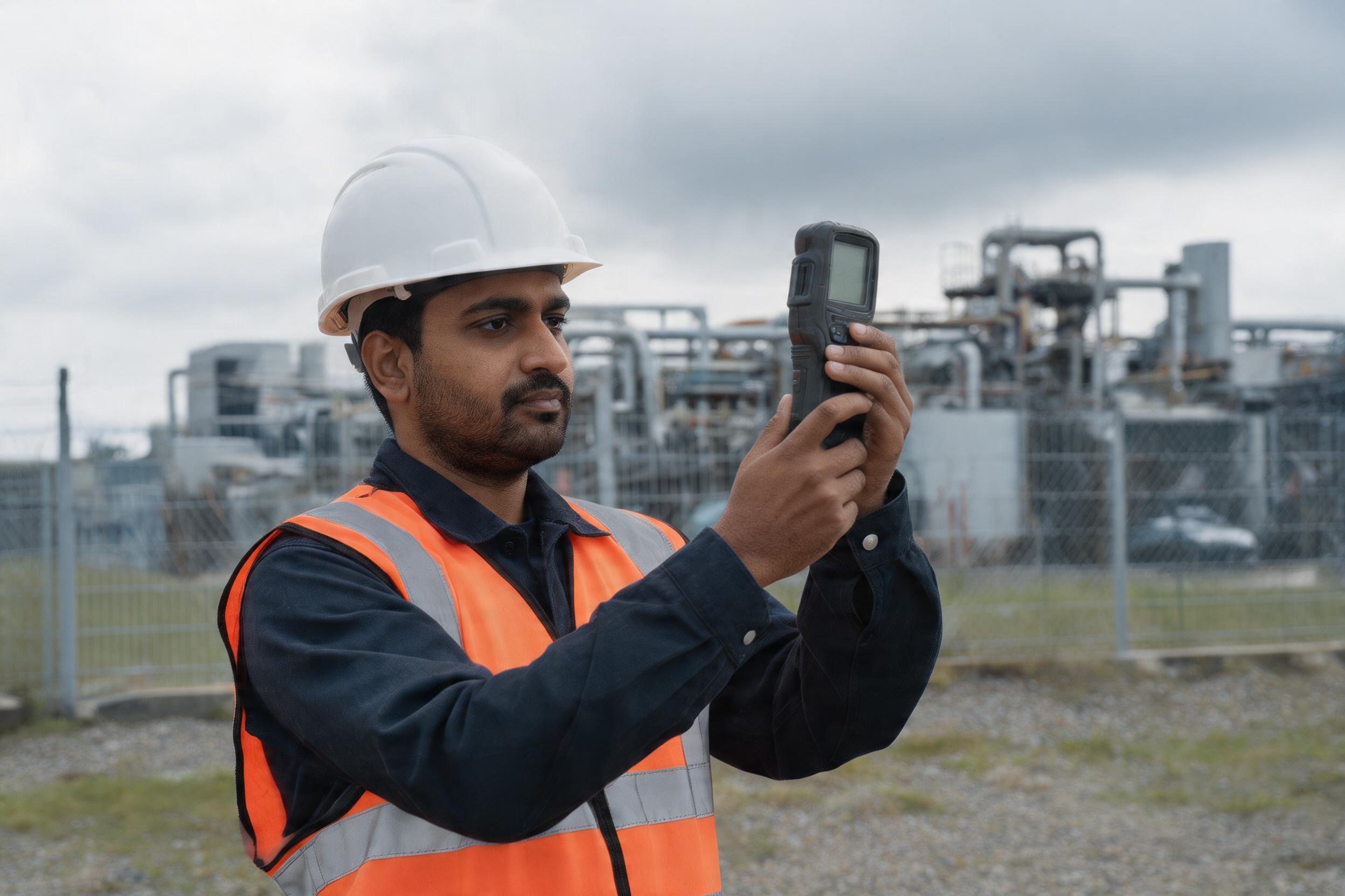 Lone field engineer in hi-vis and hard hat using a lone worker safety device on an industrial site