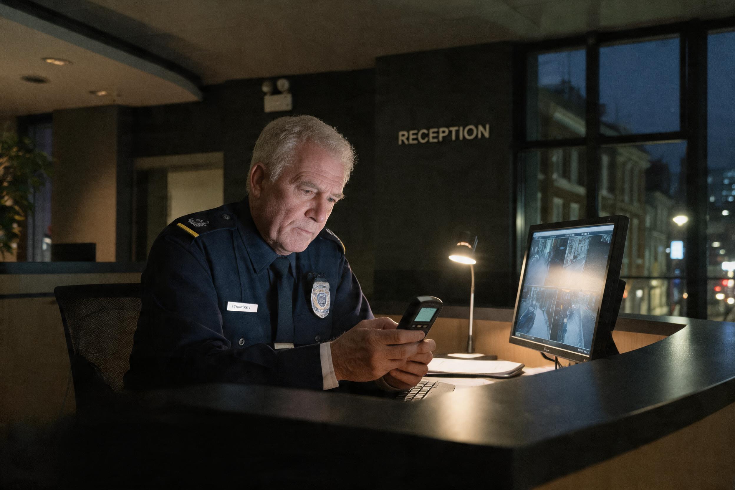 Lone security guard checking in on a lone worker device at a reception desk at night