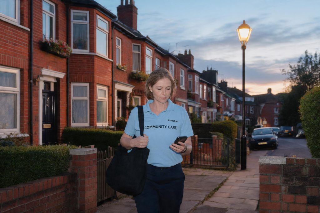 Community care worker walking alone to a home visit at dusk while checking her phone