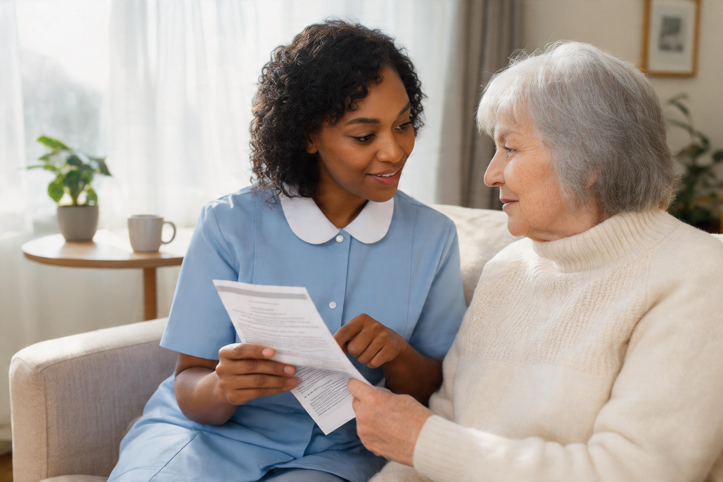 Care professional gently explaining information to an older woman using a leaflet