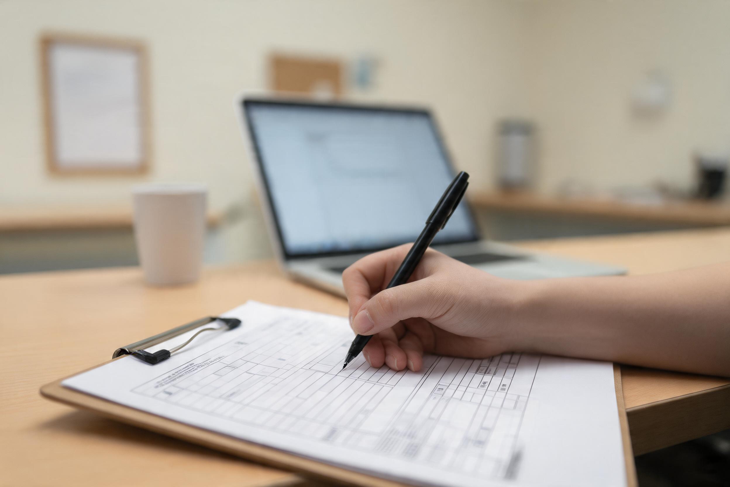 Completing a mental capacity assessment form on a clipboard