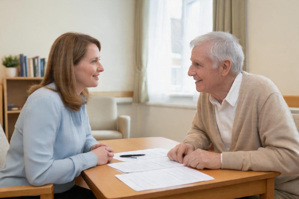 Social worker discussing a decision with an older man as an equal partner