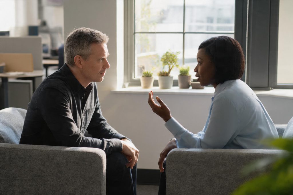 Two British colleagues having a supportive one-to-one conversation in a modern UK office