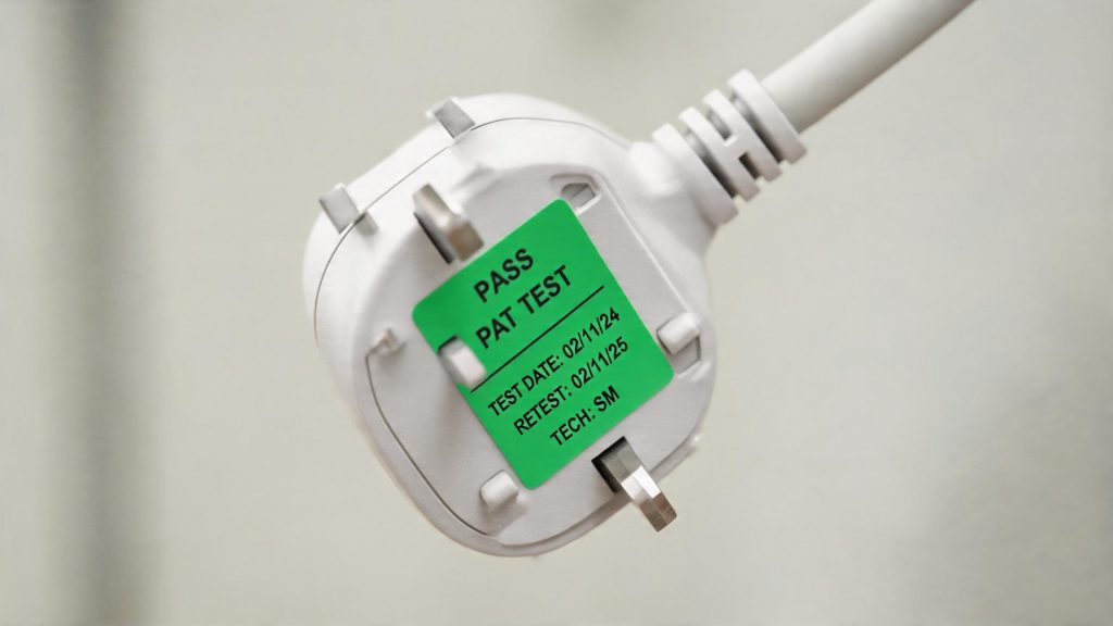 Close-up of a green PAT test PASS sticker on a UK three-pin plug