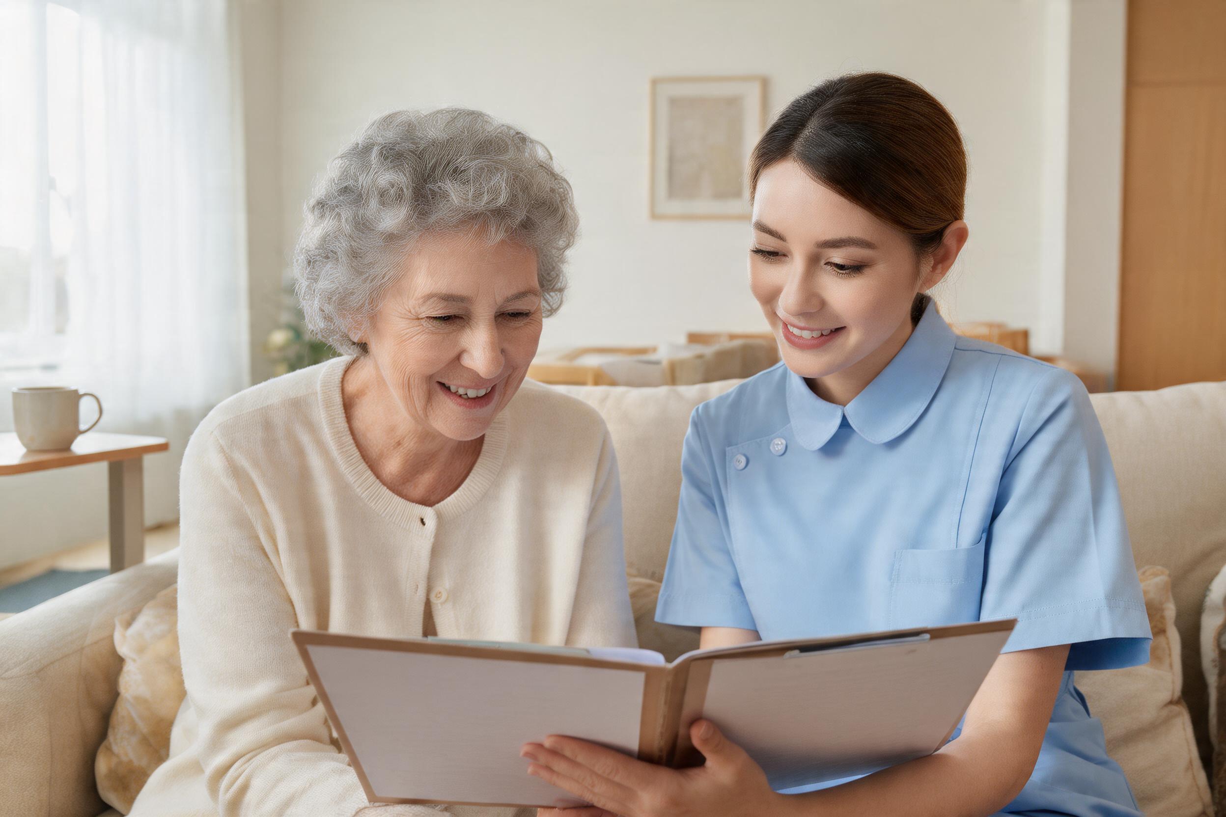 Care worker and an older woman looking together at a personalised care plan