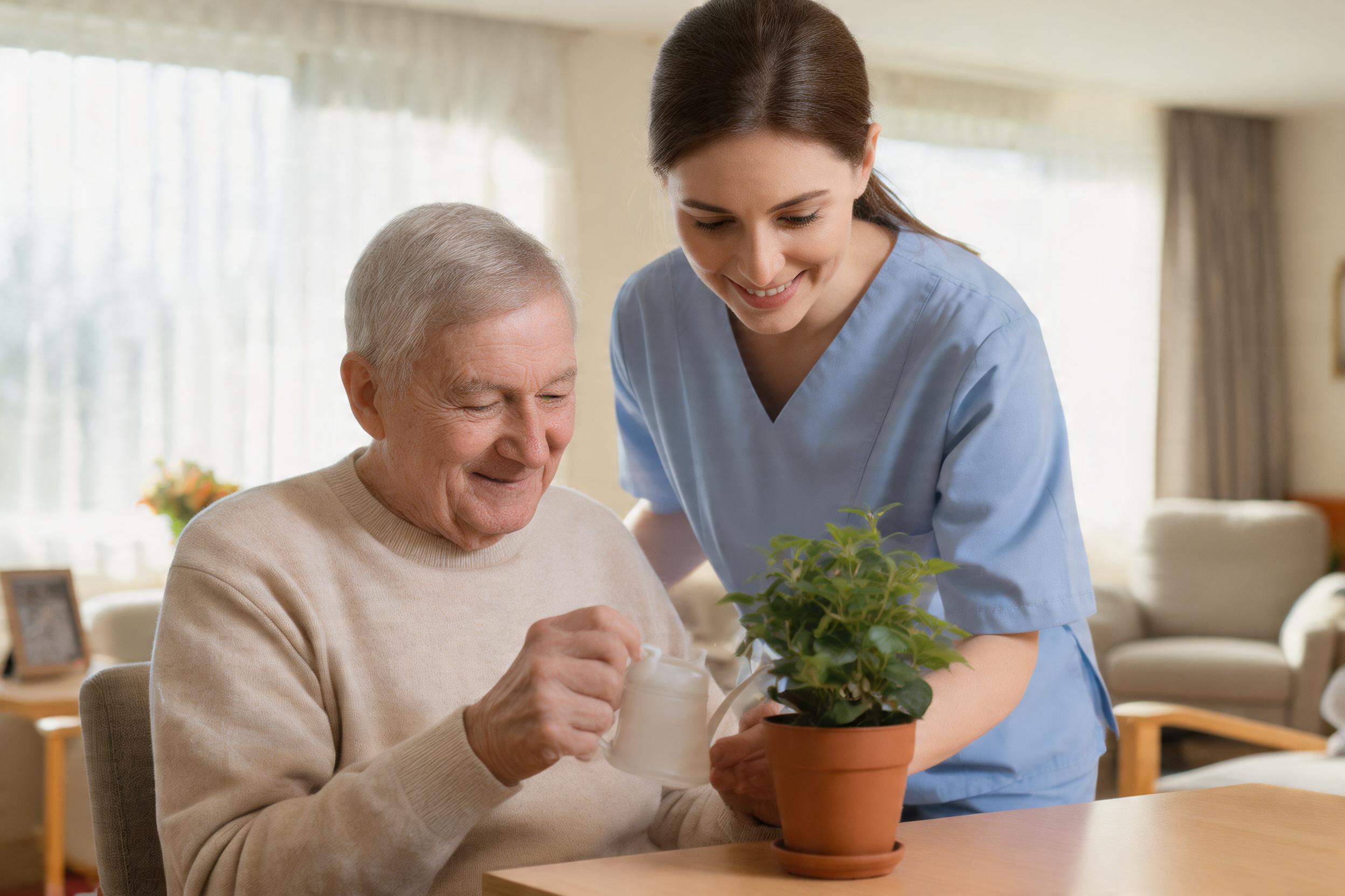 Care worker supporting an elderly man with a hobby he enjoys