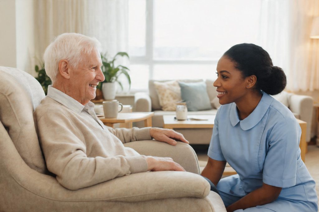 Care worker chatting at eye level with a smiling elderly man in a care home