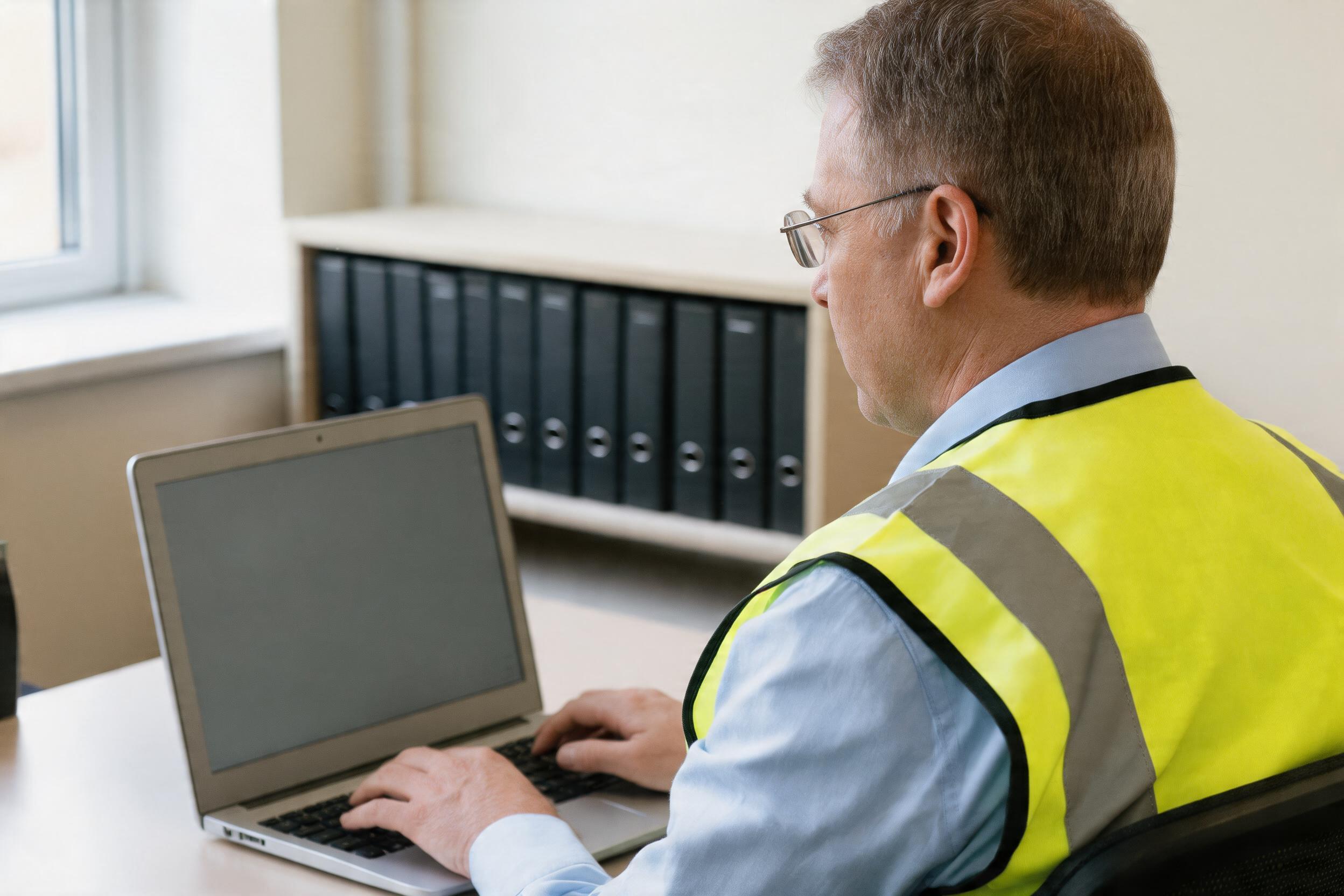 Health and safety manager reviewing an accident report on a laptop in a UK workplace office