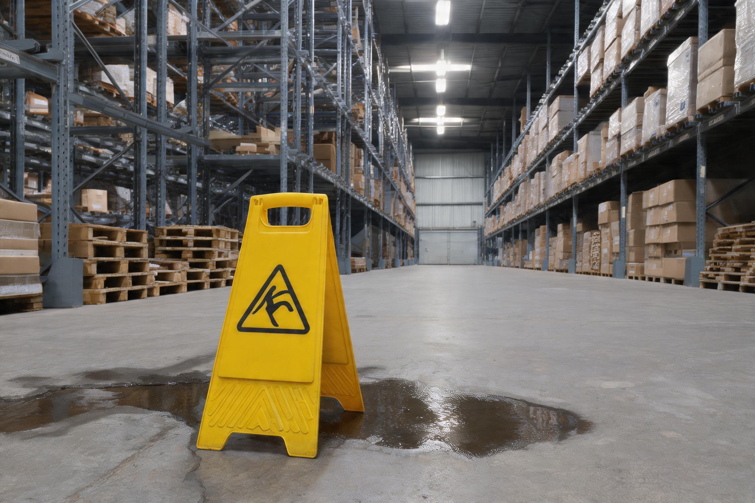 Wet floor caution sign on a UK warehouse floor
