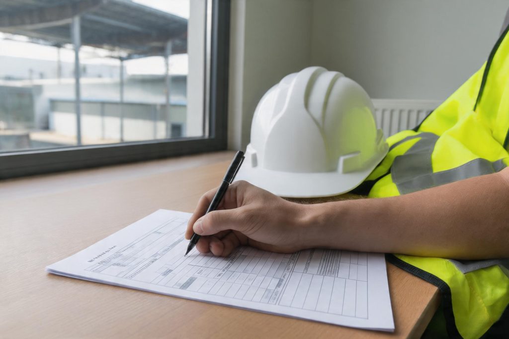 Filling in a workplace accident report form beside a hard hat and hi-vis vest