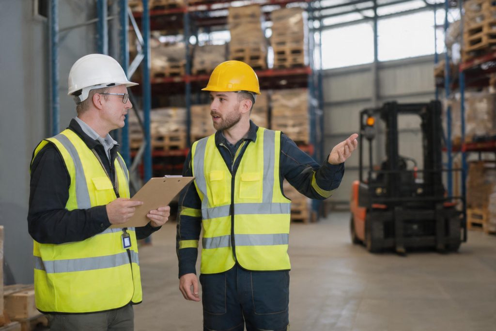 Health and safety officer with a clipboard discussing hazards with a warehouse operative during a risk assessment