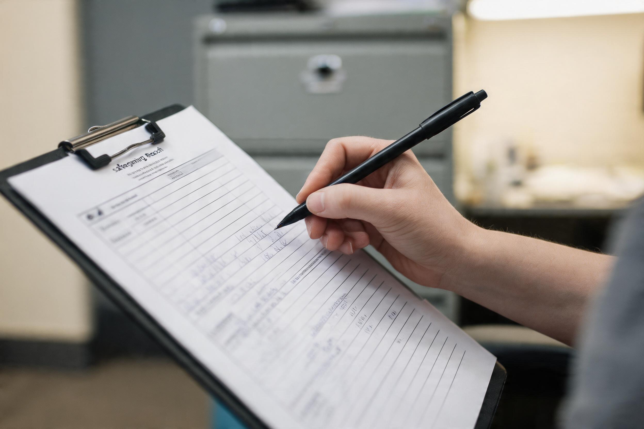 Writing notes in a safeguarding concern record on a clipboard