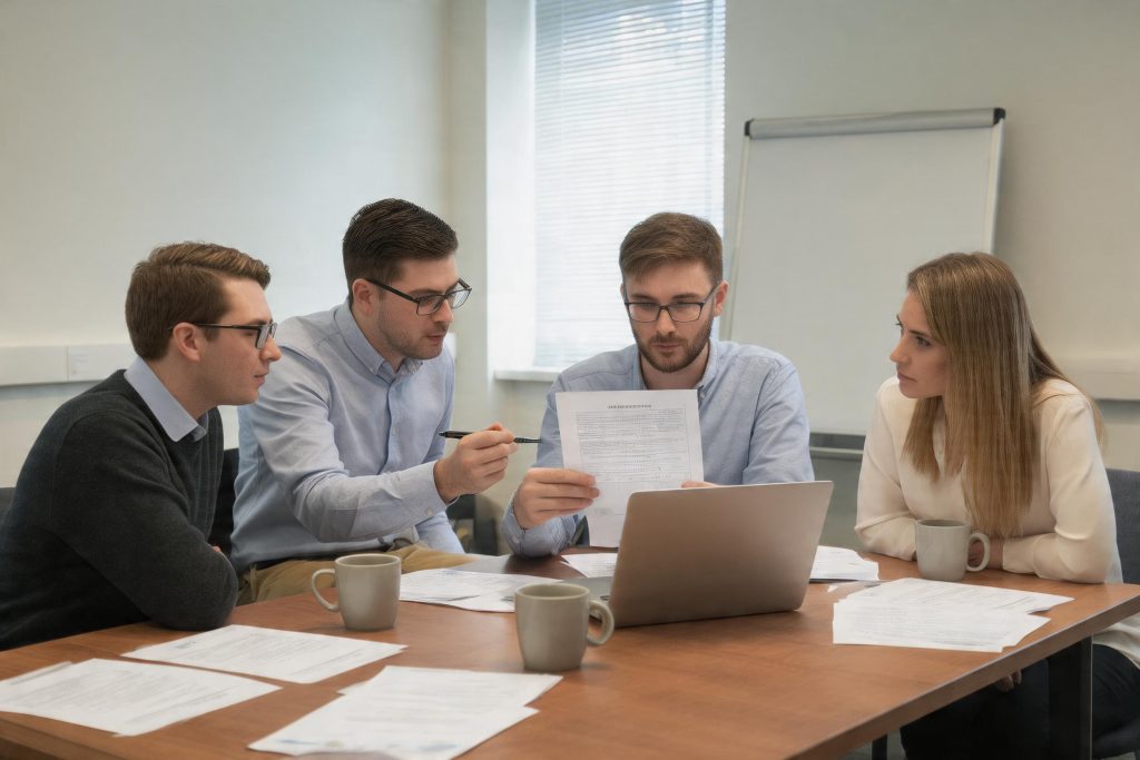 Four UK vocational assessors around a table looking at a piece of learner evidence during a standardisation meeting