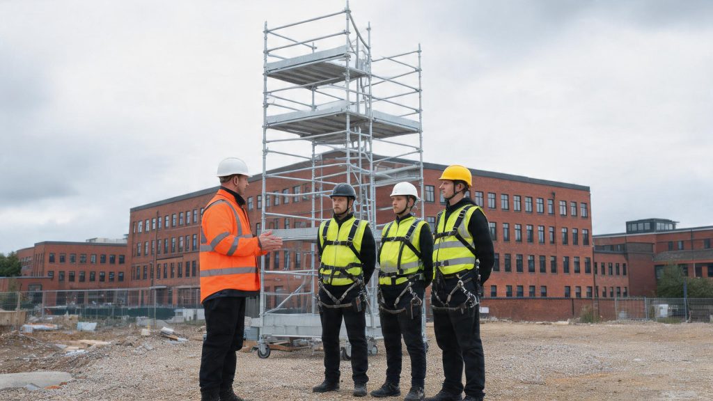 Site supervisor briefing three workers in hi-vis and harnesses beside a mobile tower scaffold