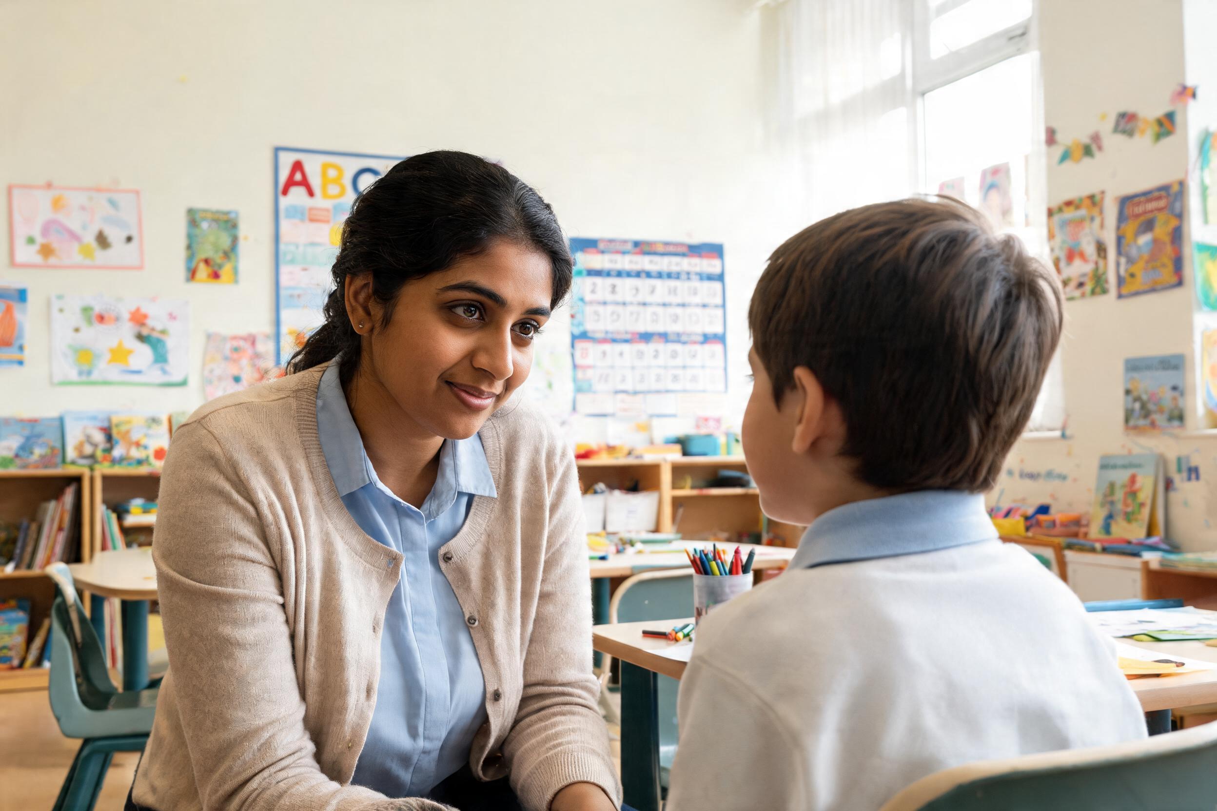 Teacher listening supportively to a pupil in a classroom