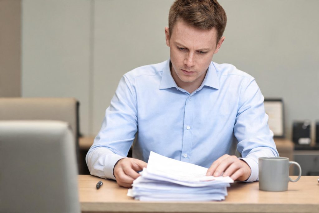 Compliance officer reviewing client due diligence documents in an office