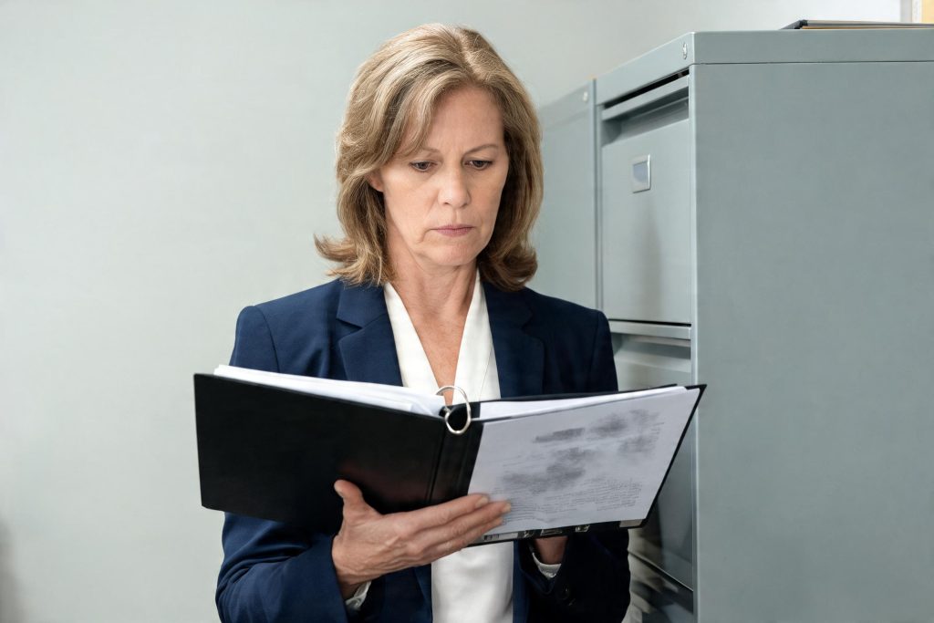 Manager reviewing a ring binder of printed staff training records