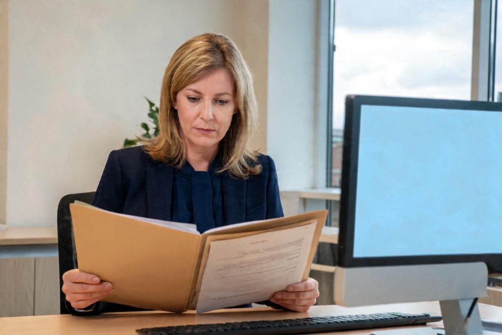 Compliance officer at a desk reviewing a folder of client due diligence documents